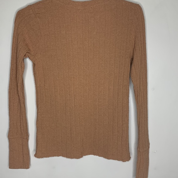 We The Free | Caramel Tan Long Sleeve Textured Waffle Henley Shirt Brown Buttons - Picture 5 of 6